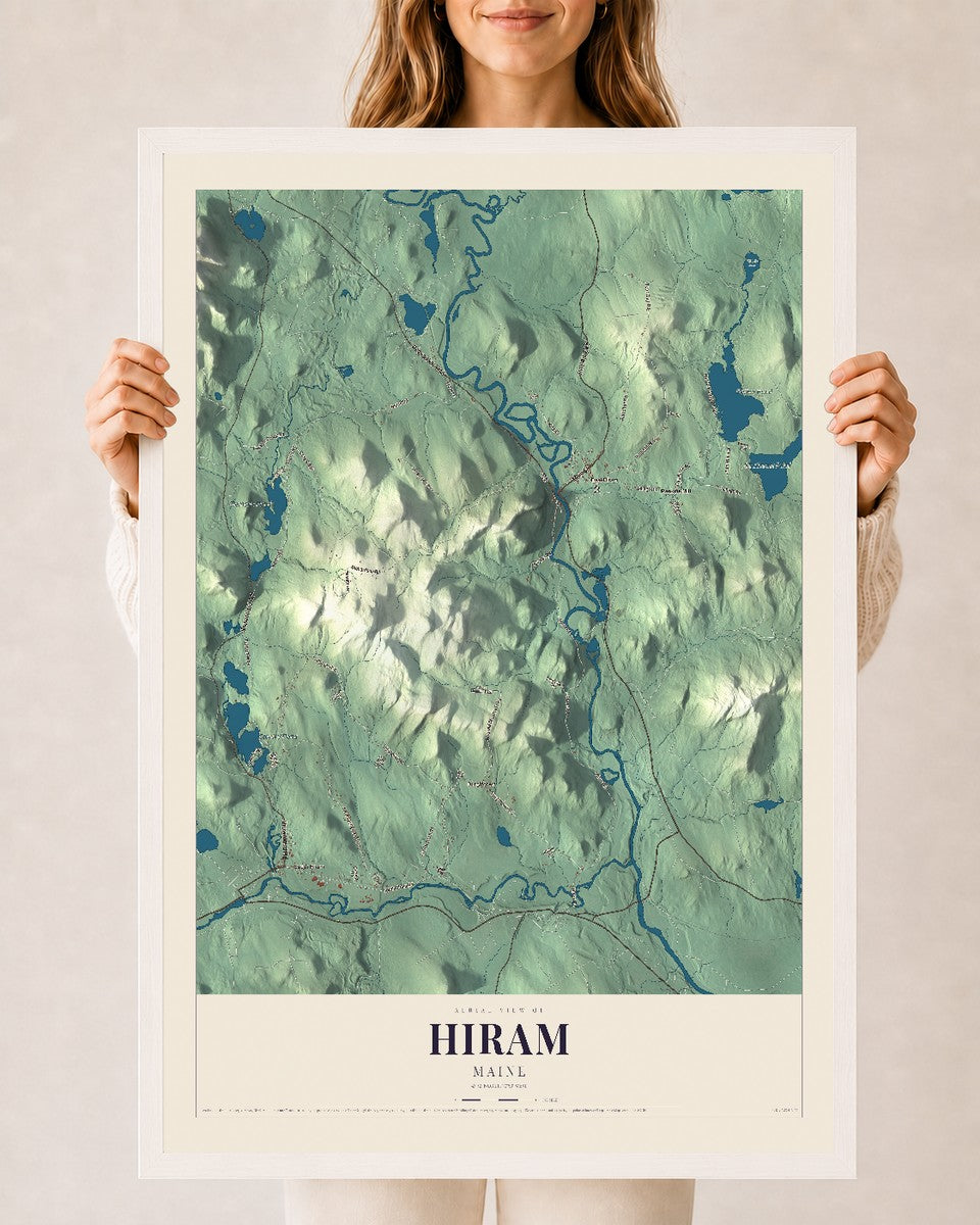 Hiram, Maine map print - 24 x 36 white Ayous wood frame