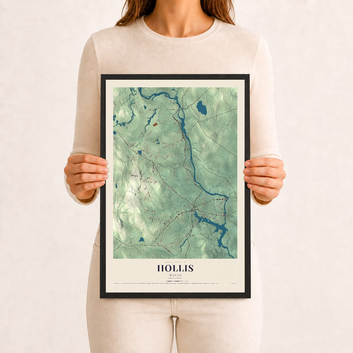 Hollis, Maine map print - 12 x 18 black Ayous wood frame