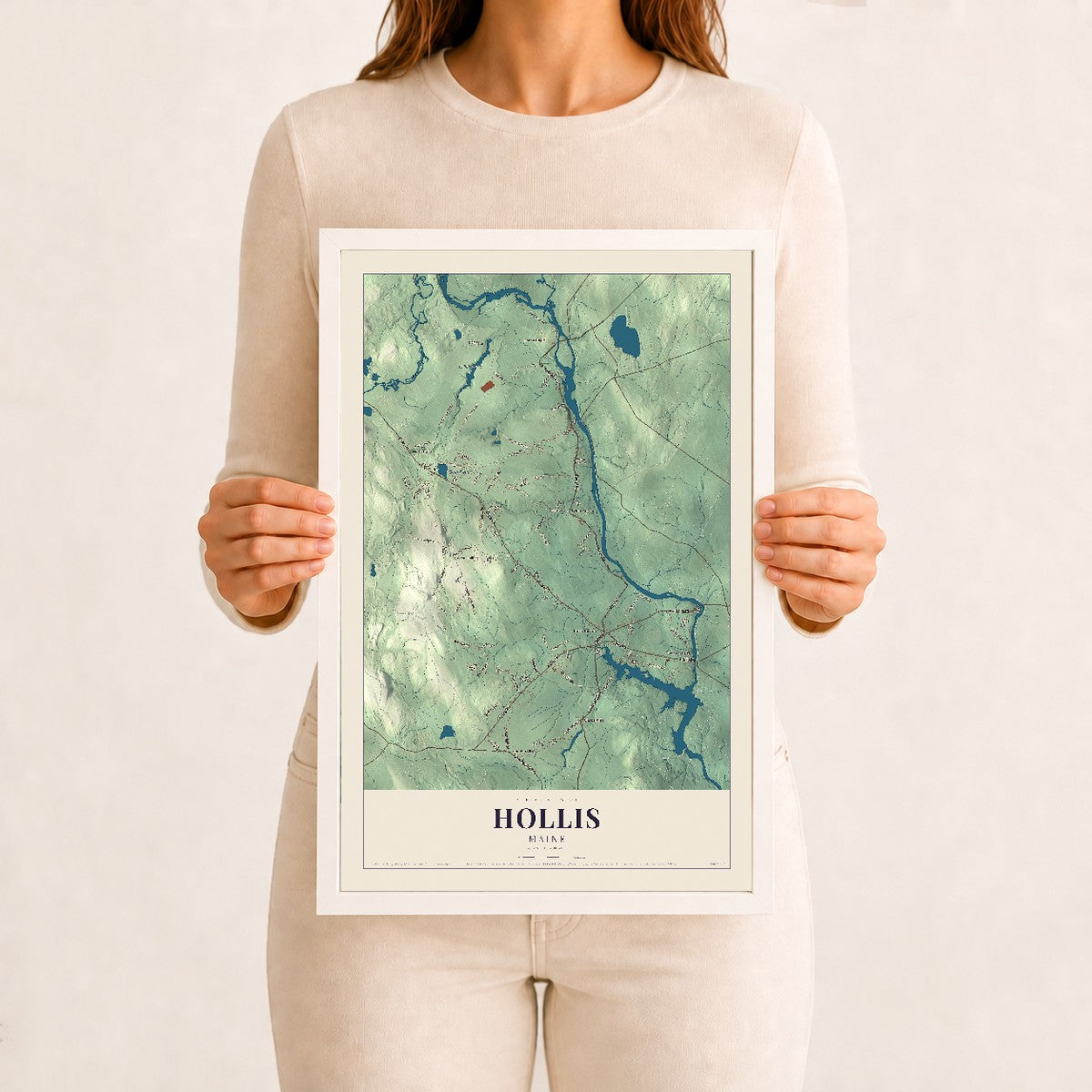 Hollis, Maine map print - 12 x 18 white Ayous wood frame