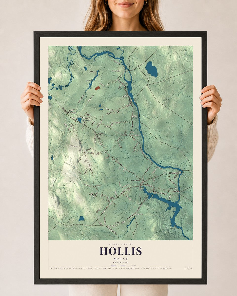 Hollis, Maine map print - 24 x 36 black Ayous wood frame