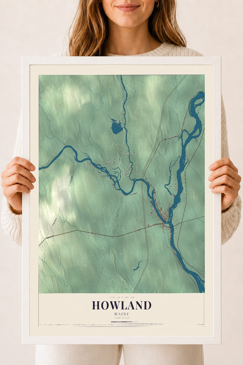 Howland, Maine map print - 18 x 24 white Ayous wood frame