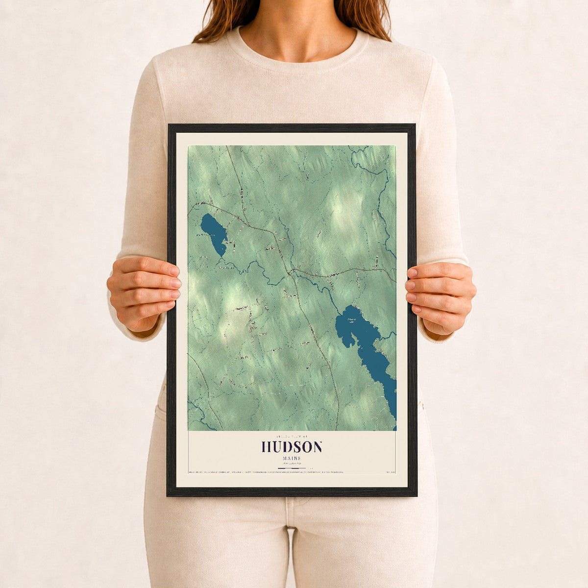 Hudson, Maine map print - 12 x 18 black Ayous wood frame