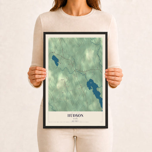 Map of Hudson, Maine, 12 x 18 inch print in a black wood frame