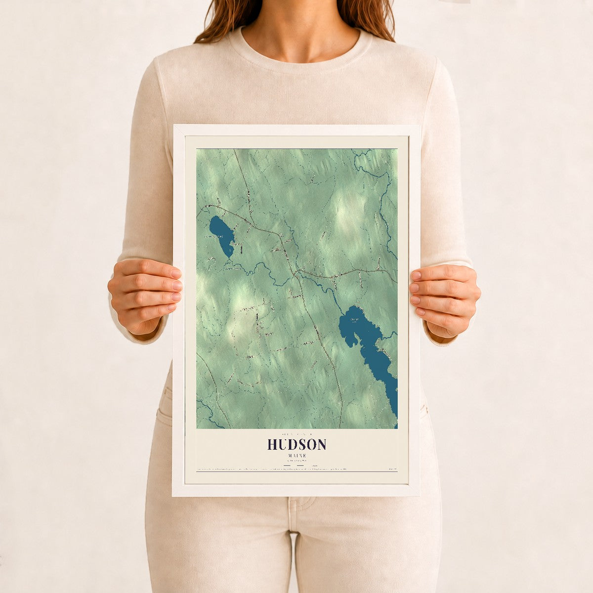 Hudson, Maine map print - 12 x 18 white Ayous wood frame