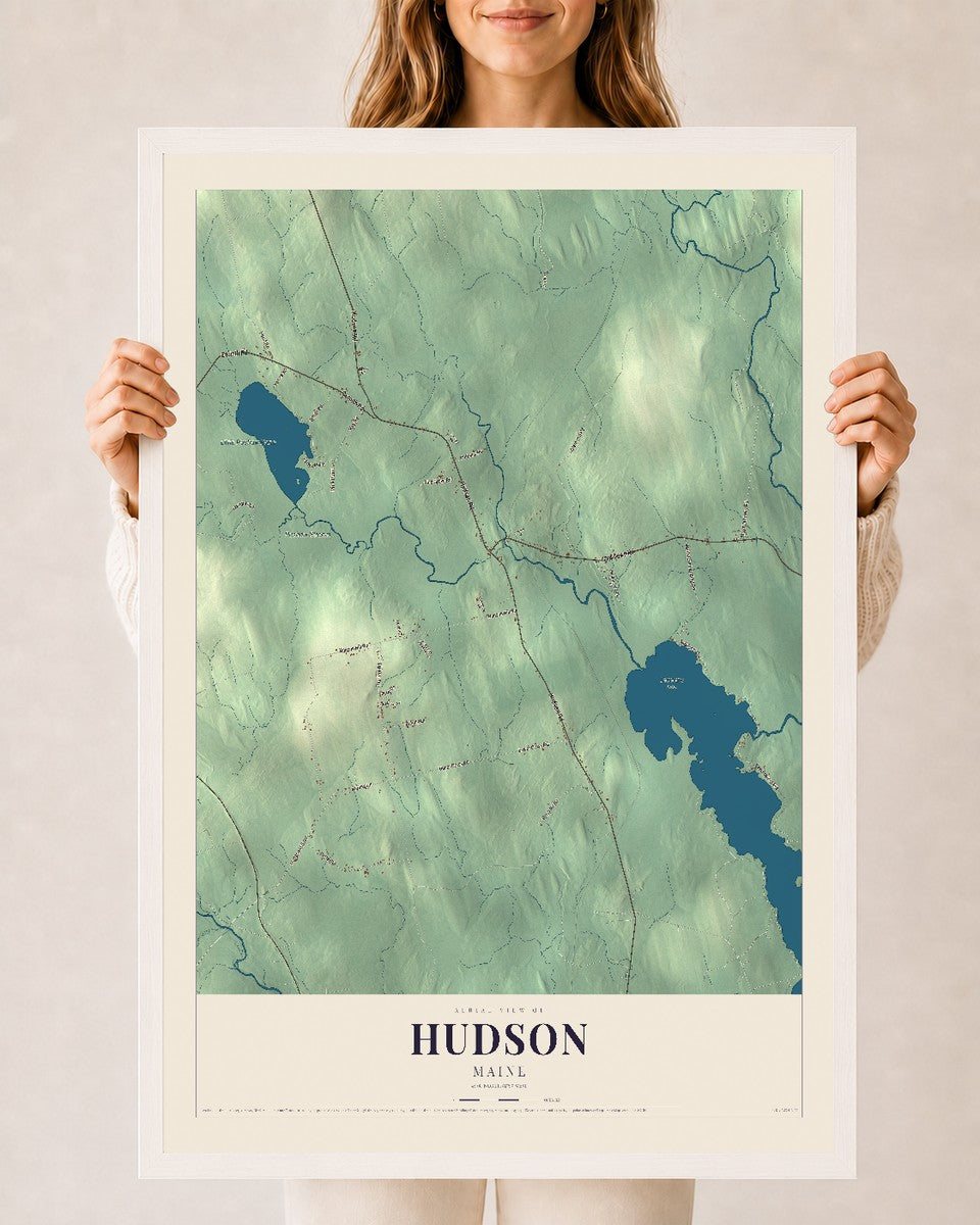 Hudson, Maine map print - 24 x 36 white Ayous wood frame