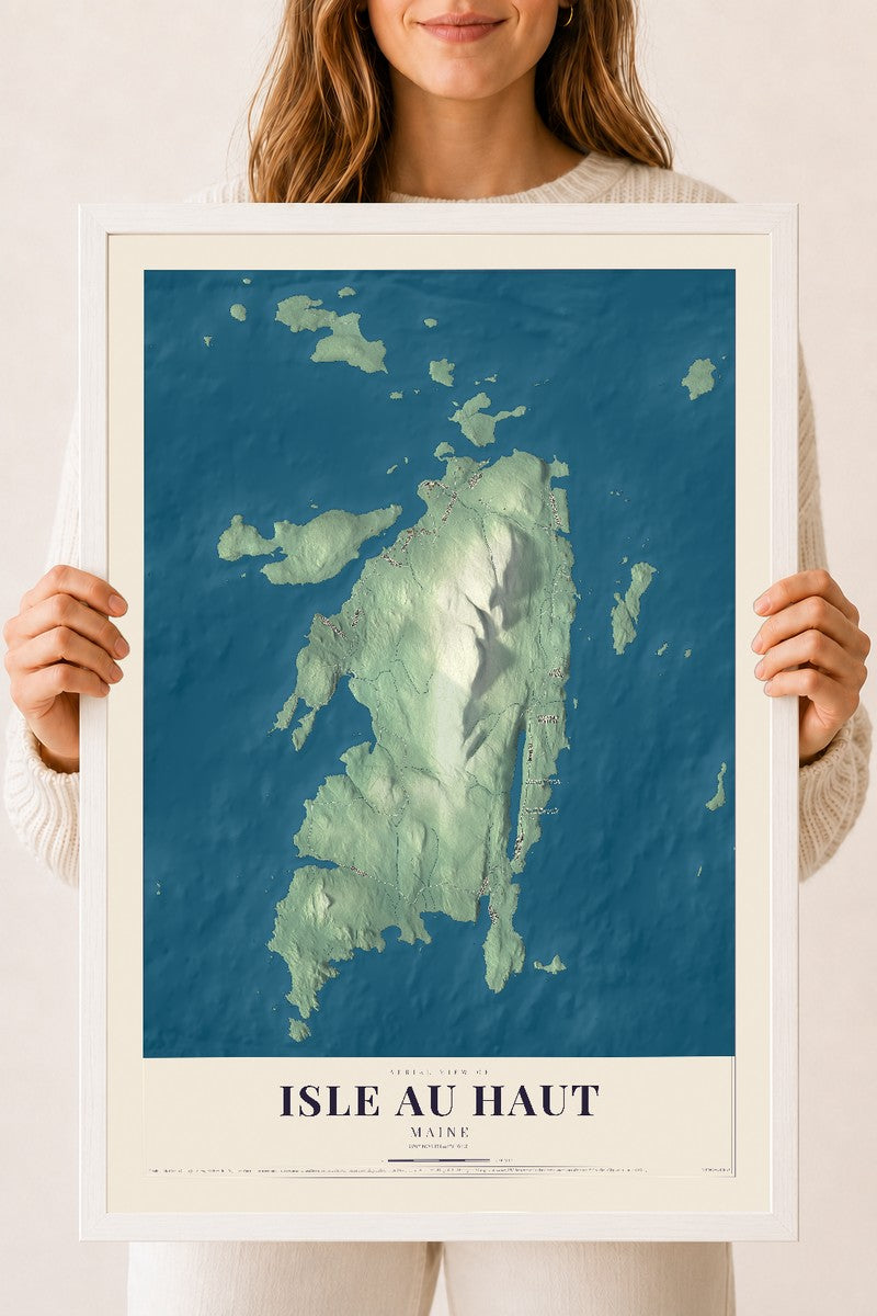 Isle au Haut, Maine map print - 18 x 24 white Ayous wood frame