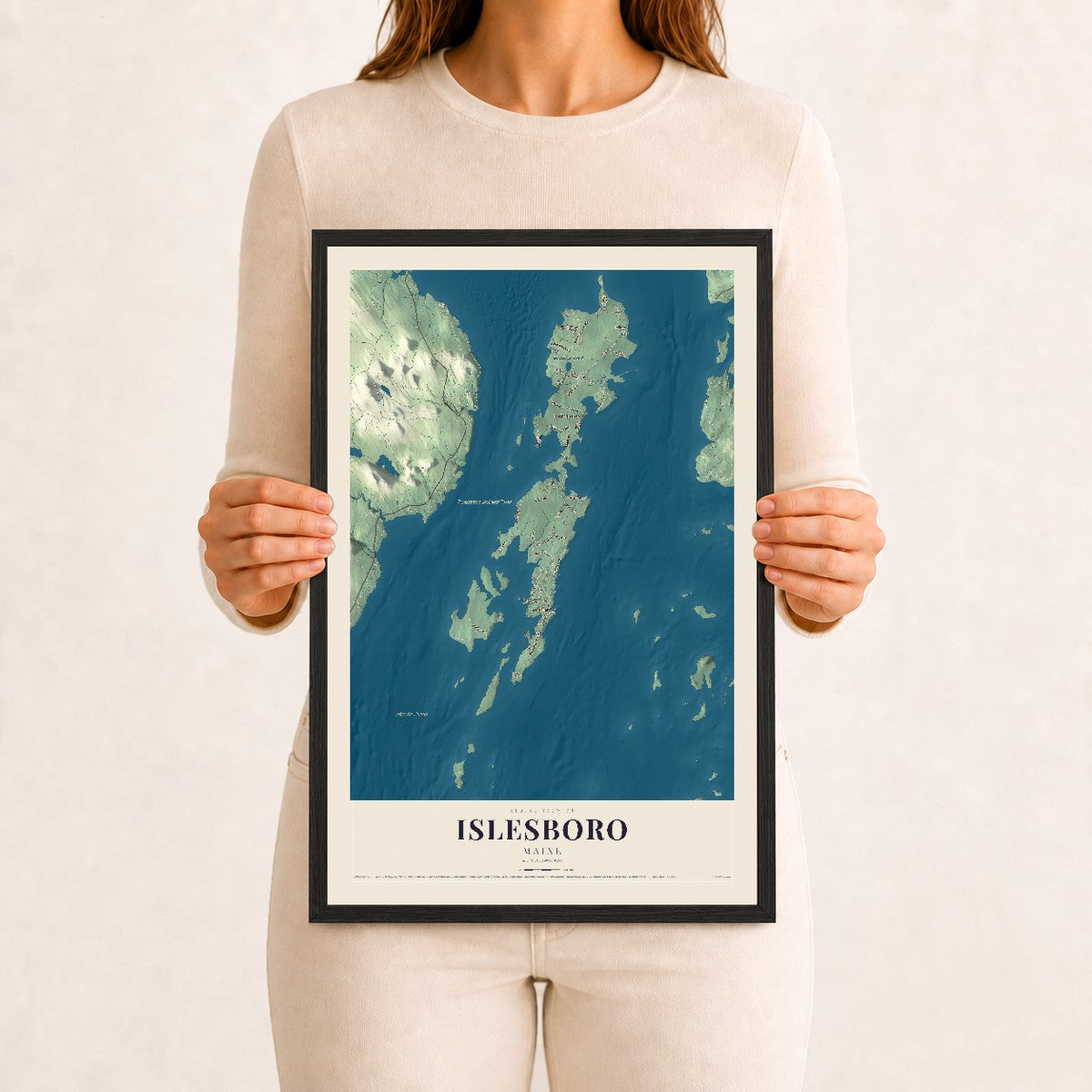 Islesboro, Maine map print - 12 x 18 black Ayous wood frame