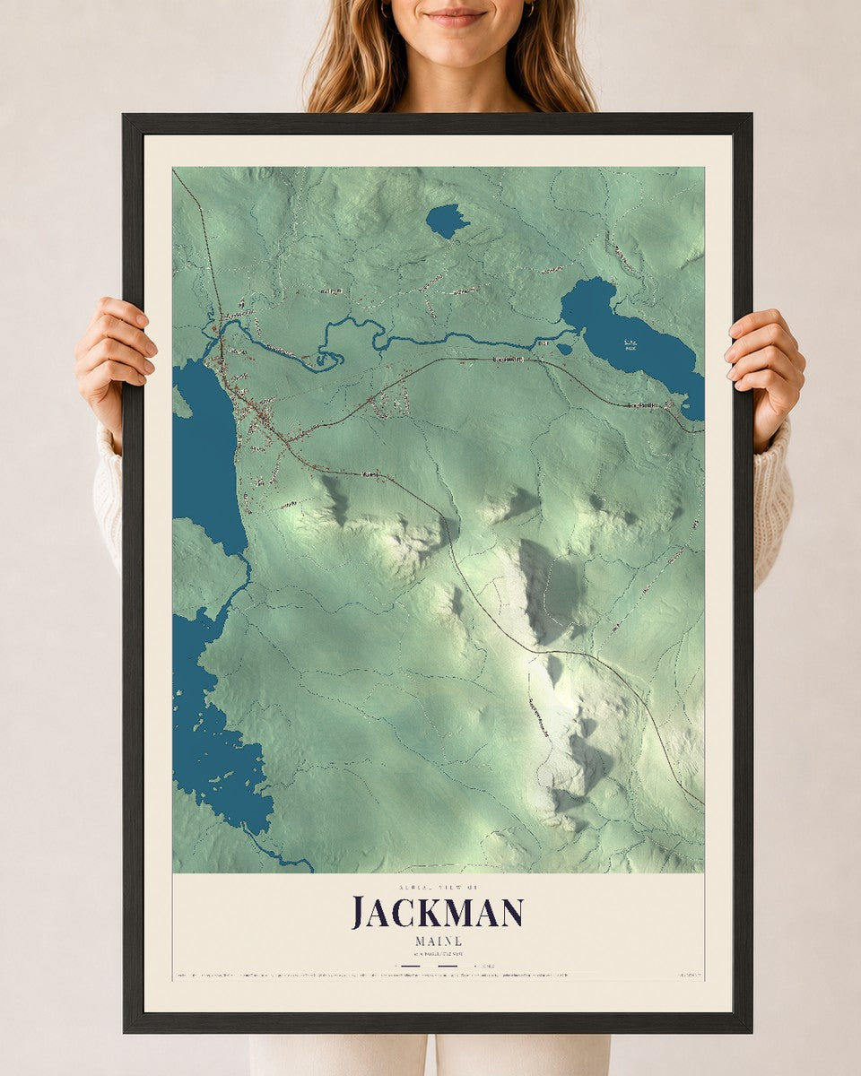 Jackman, Maine map print - 24 x 36 black Ayous wood frame
