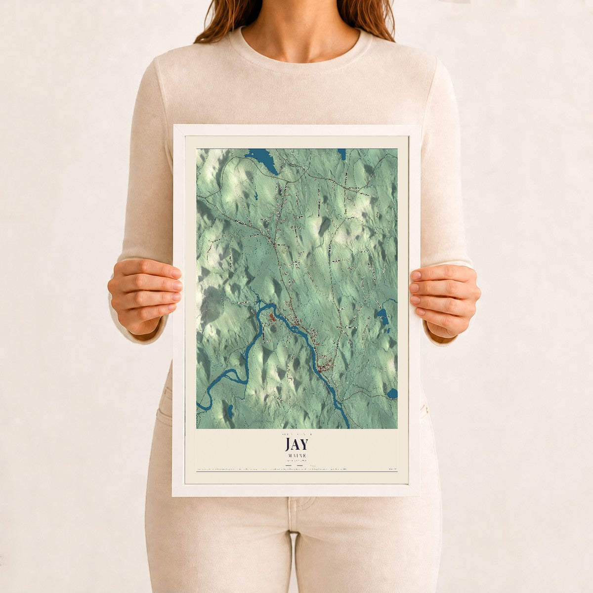 Jay, Maine map print - 12 x 18 white Ayous wood frame