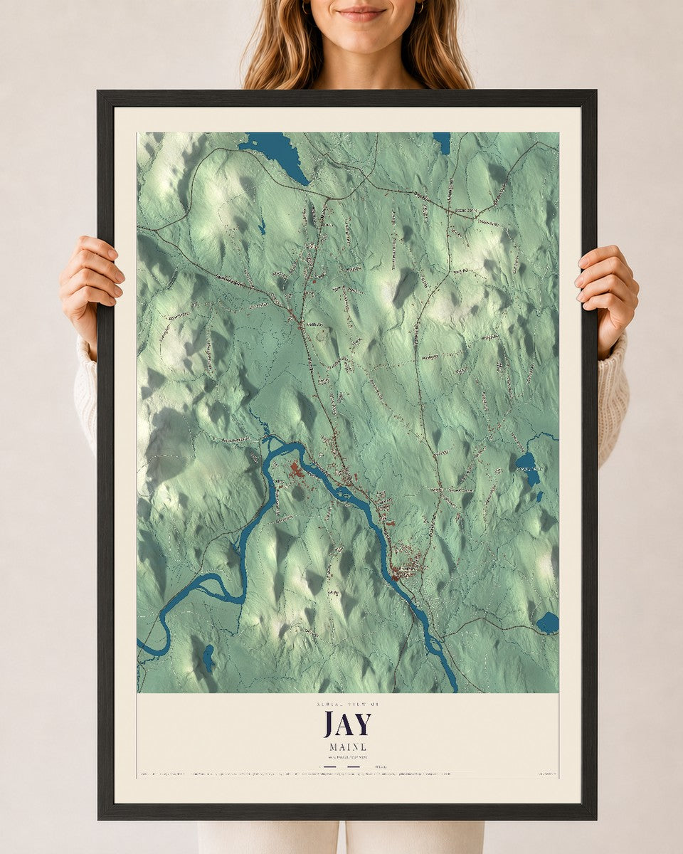 Jay, Maine map print - 24 x 36 black Ayous wood frame