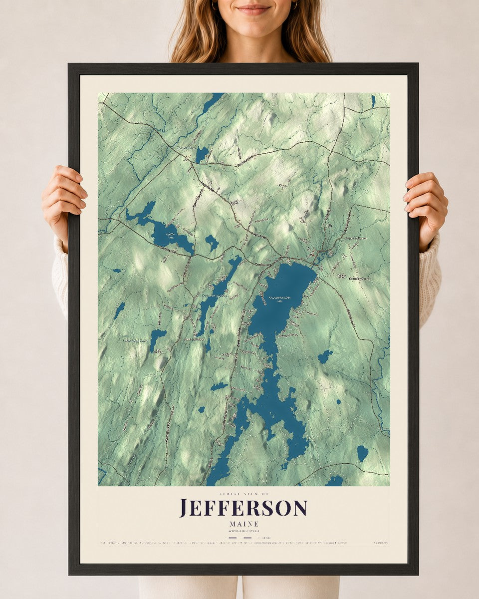 Jefferson, Maine map print - 24 x 36 black Ayous wood frame