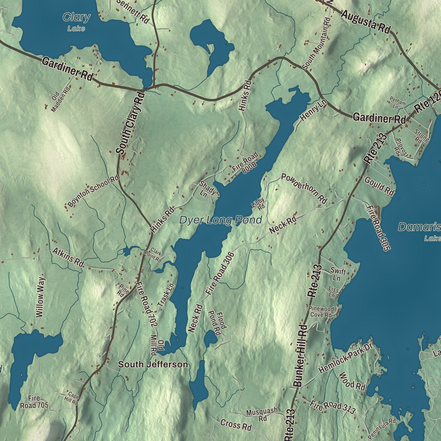 Terrain and local geography detail from the Jefferson, Maine map