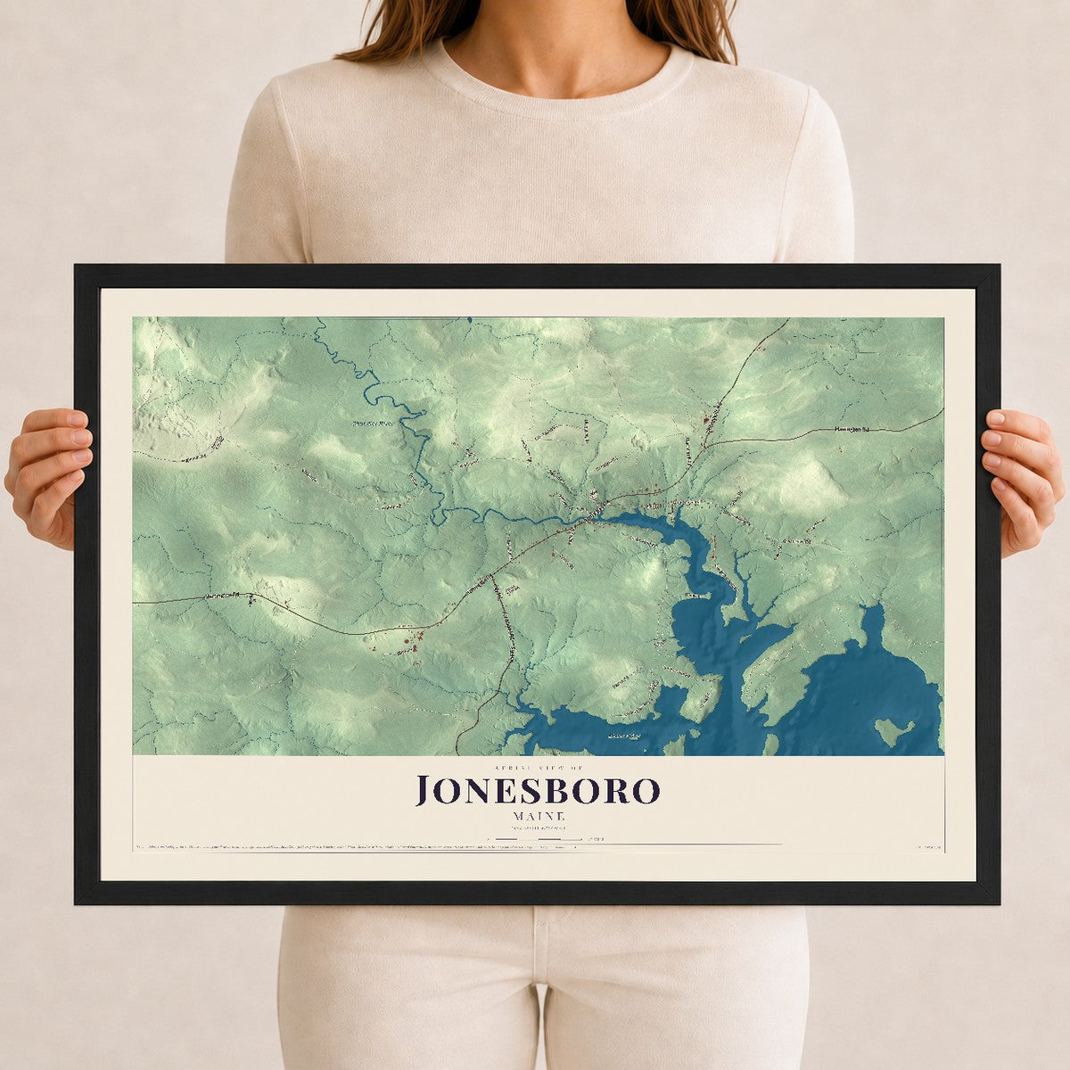Jonesboro, Maine map print - 12 x 18 black Ayous wood frame