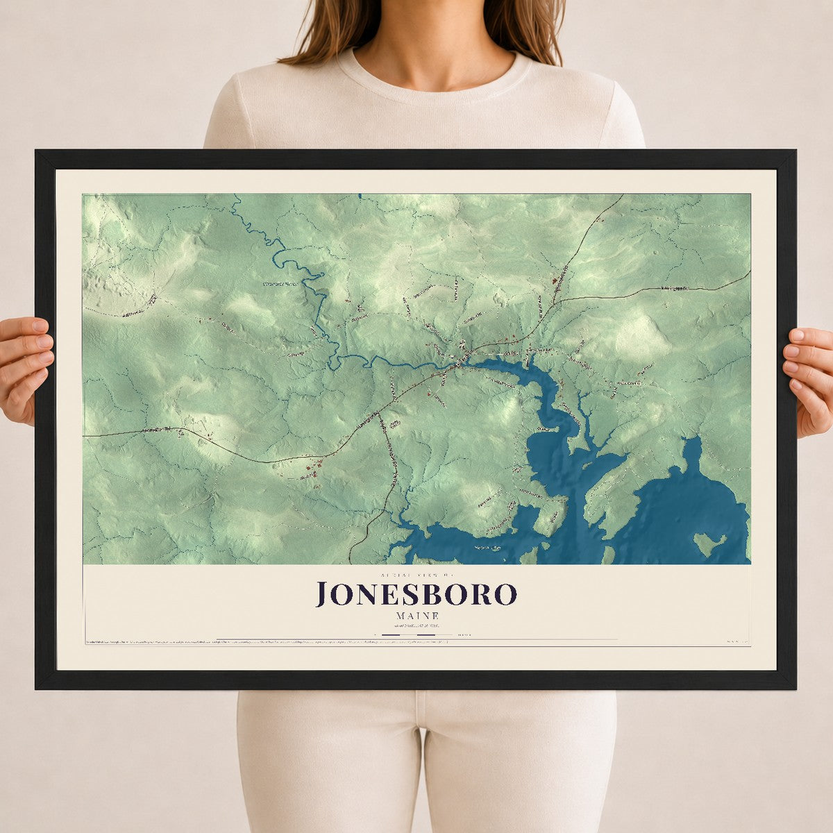 Jonesboro, Maine map print - 18 x 24 black Ayous wood frame