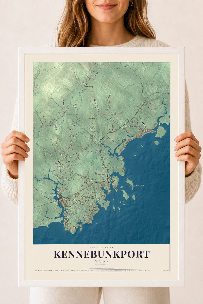 Kennebunkport, Maine map print - 18 x 24 white Ayous wood frame
