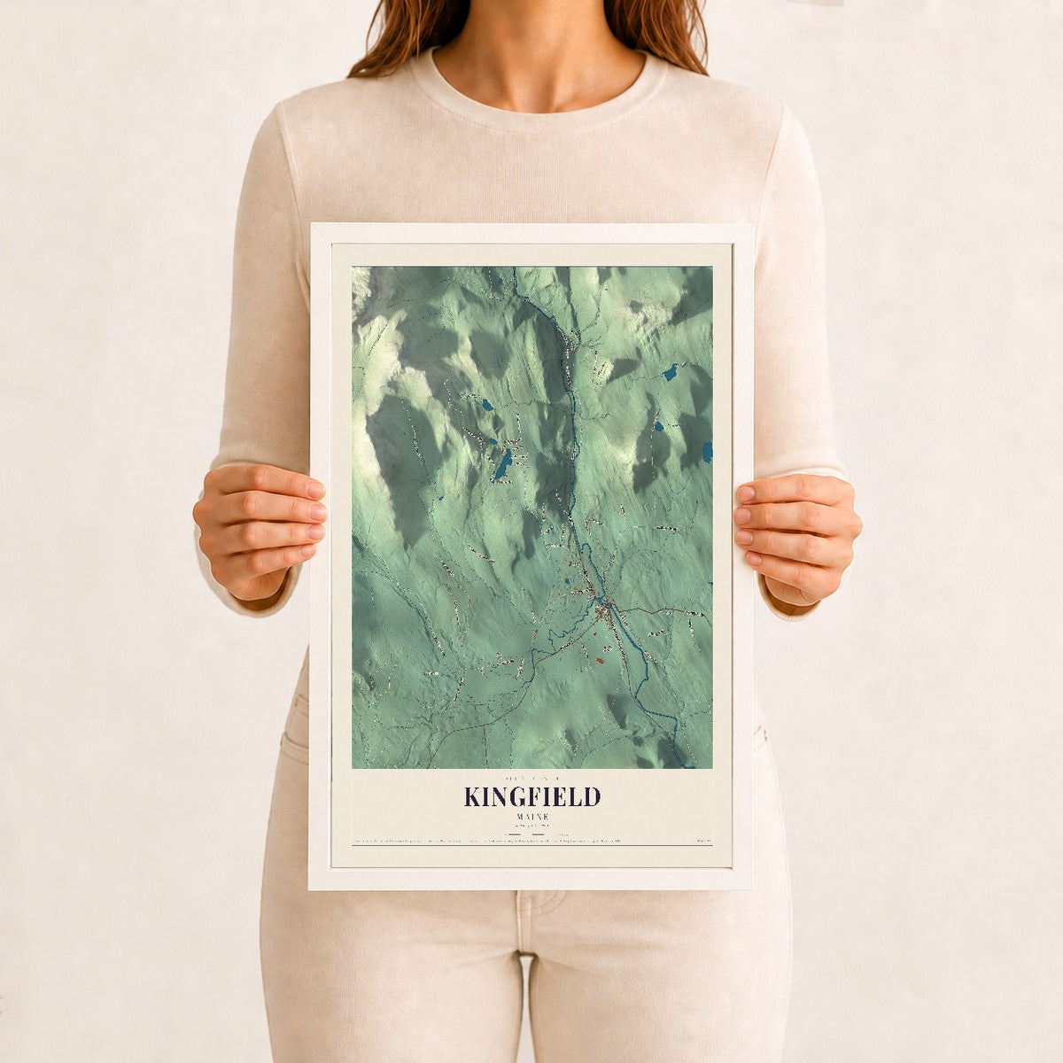 Kingfield, Maine map print - 12 x 18 white Ayous wood frame