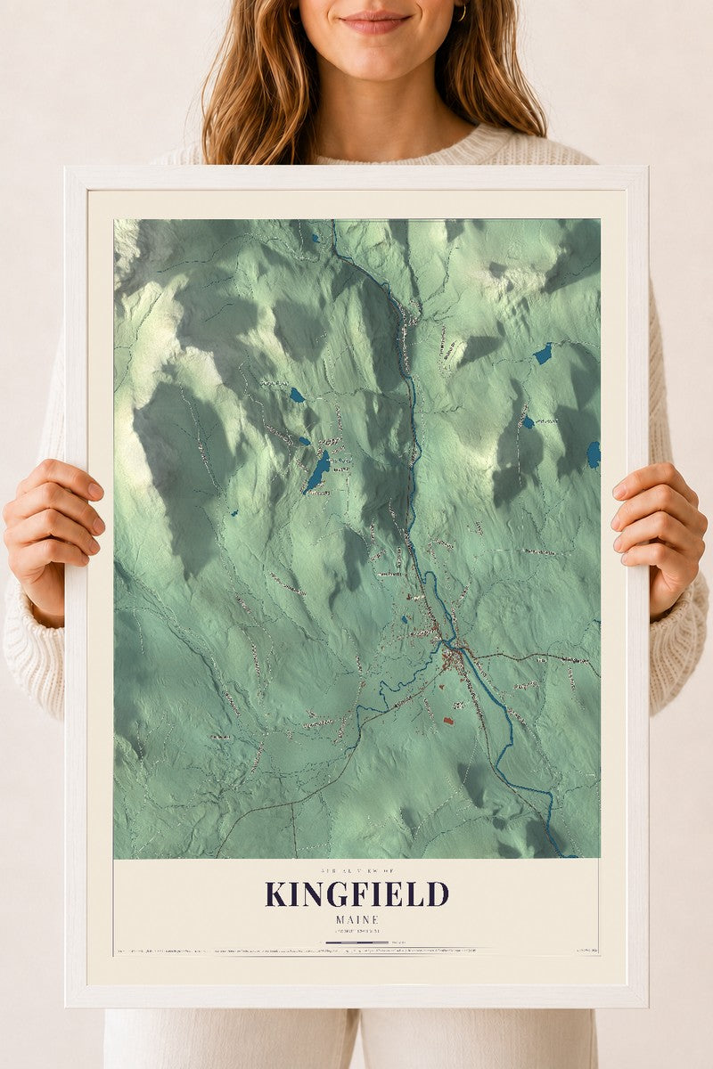 Kingfield, Maine map print - 18 x 24 white Ayous wood frame