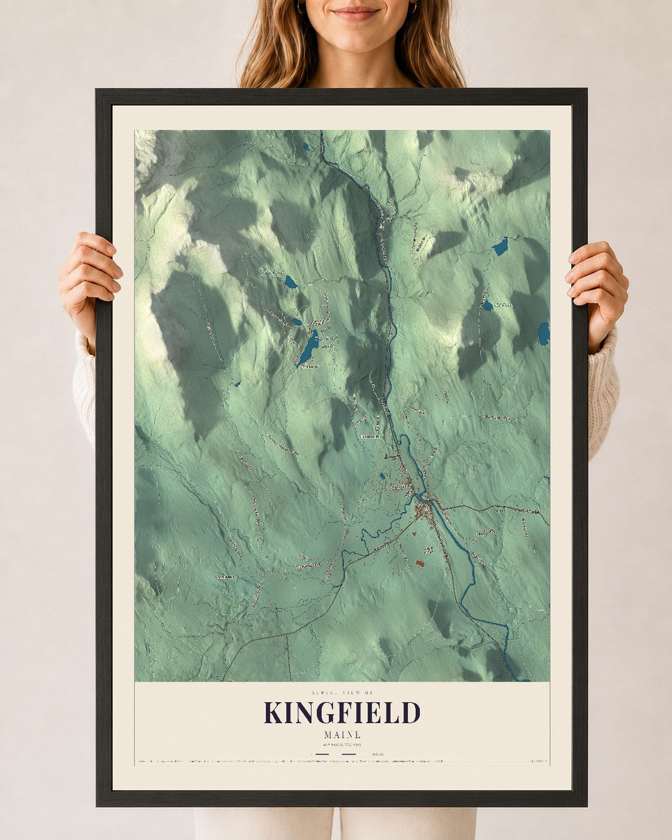 Kingfield, Maine map print - 24 x 36 black Ayous wood frame