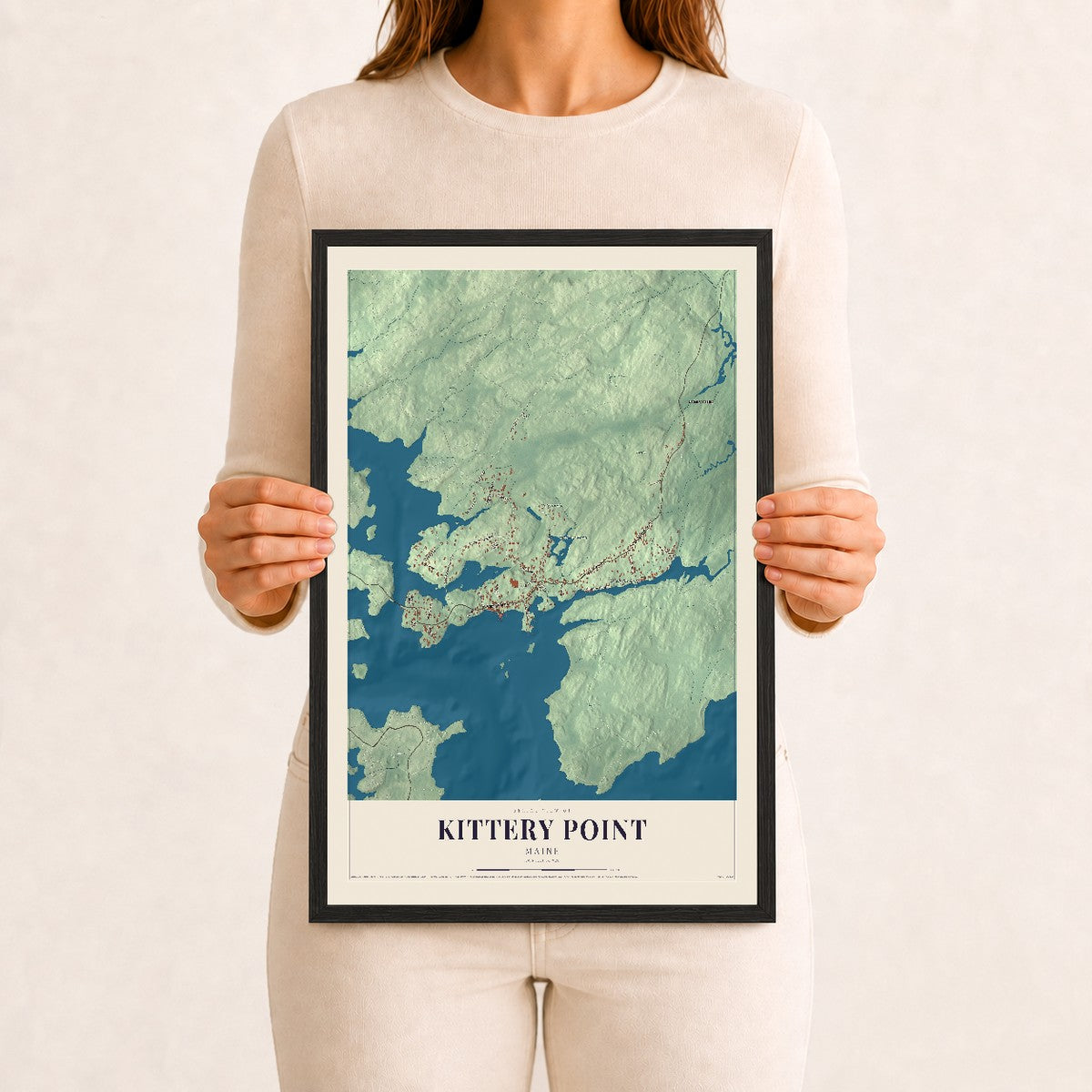 Kittery Point, Maine map print - 12 x 18 black Ayous wood frame