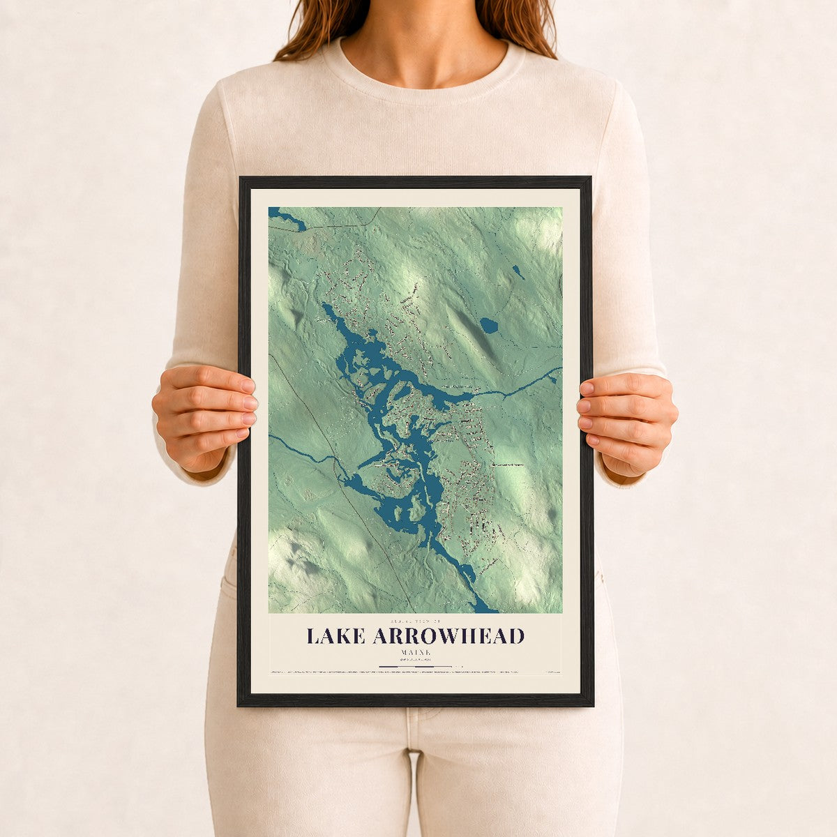 Lake Arrowhead, Maine map print - 12 x 18 black Ayous wood frame