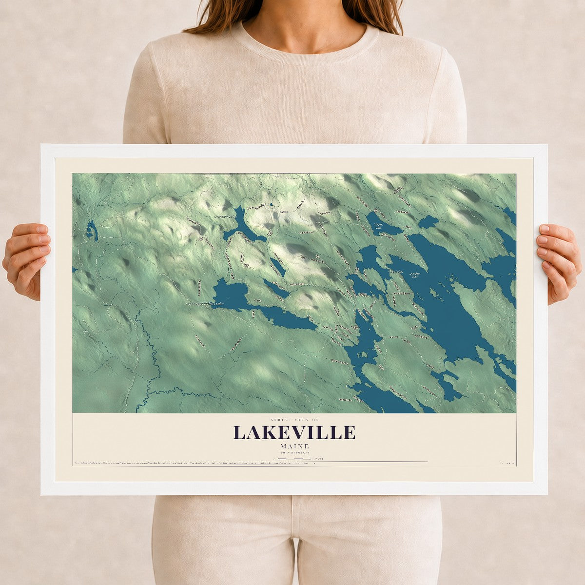 Lakeville, Maine map print - 12 x 18 white Ayous wood frame