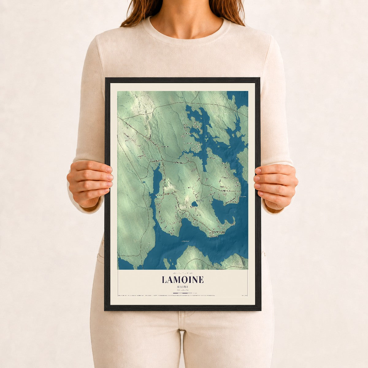 Lamoine, Maine map print - 12 x 18 black Ayous wood frame