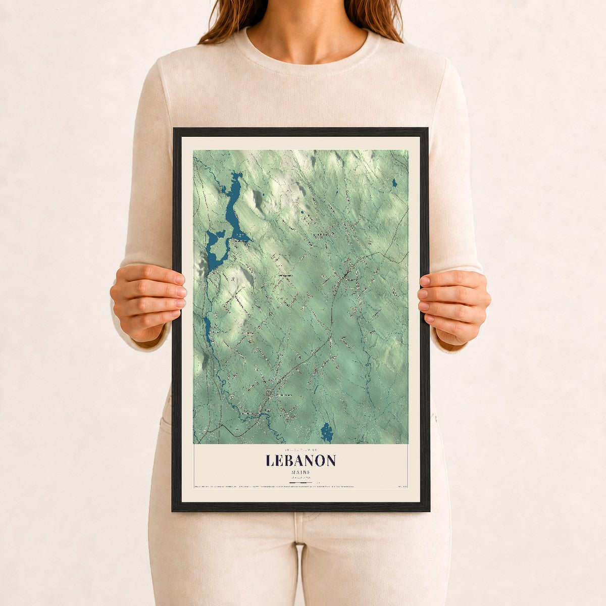 Lebanon, Maine map print - 12 x 18 black Ayous wood frame