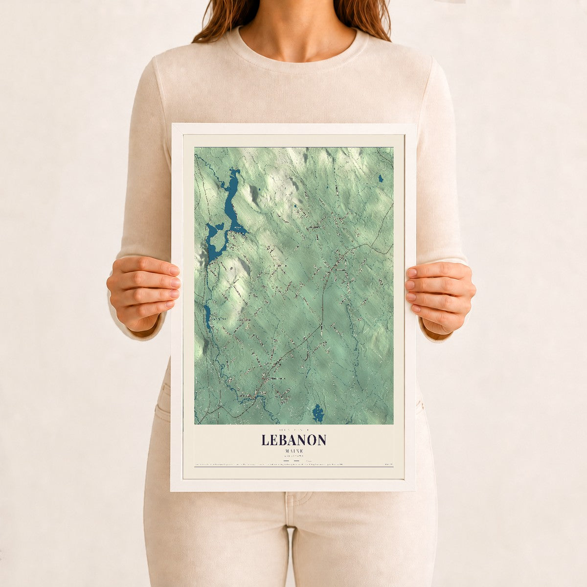 Lebanon, Maine map print - 12 x 18 white Ayous wood frame
