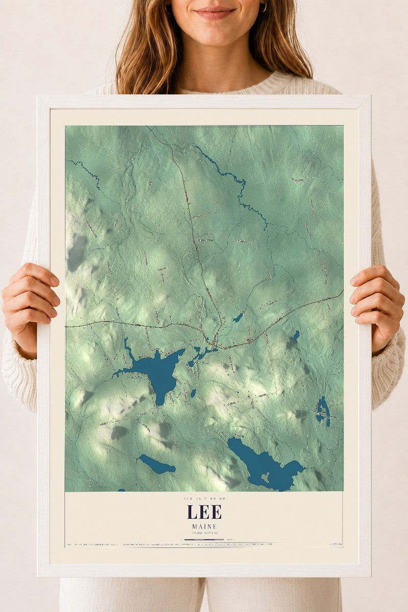 Lee, Maine map print - 18 x 24 white Ayous wood frame
