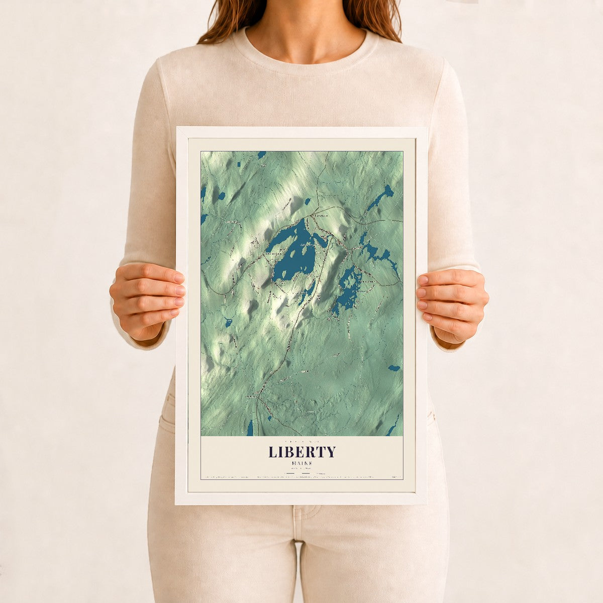 Liberty, Maine map print - 12 x 18 white Ayous wood frame