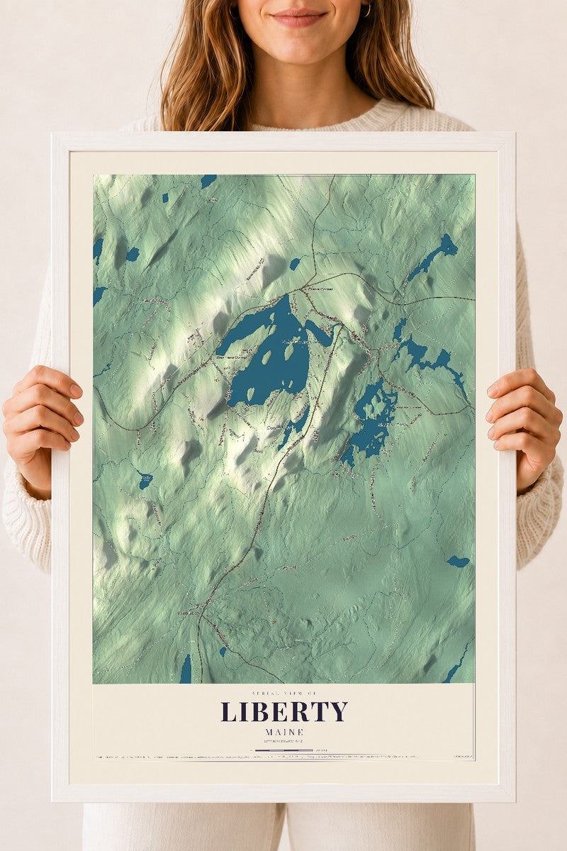 Liberty, Maine map print - 18 x 24 white Ayous wood frame