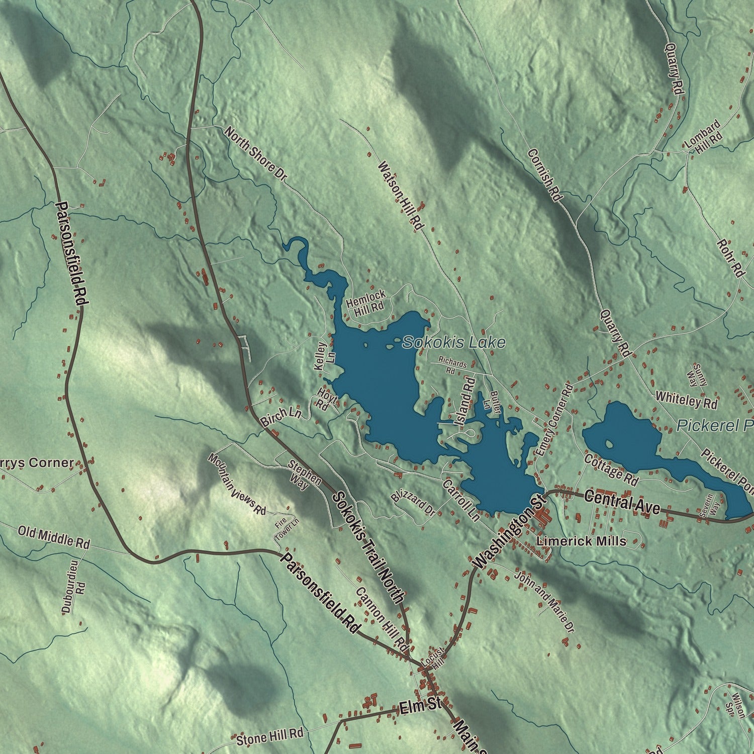 Terrain and local geography detail from the Limerick, Maine map