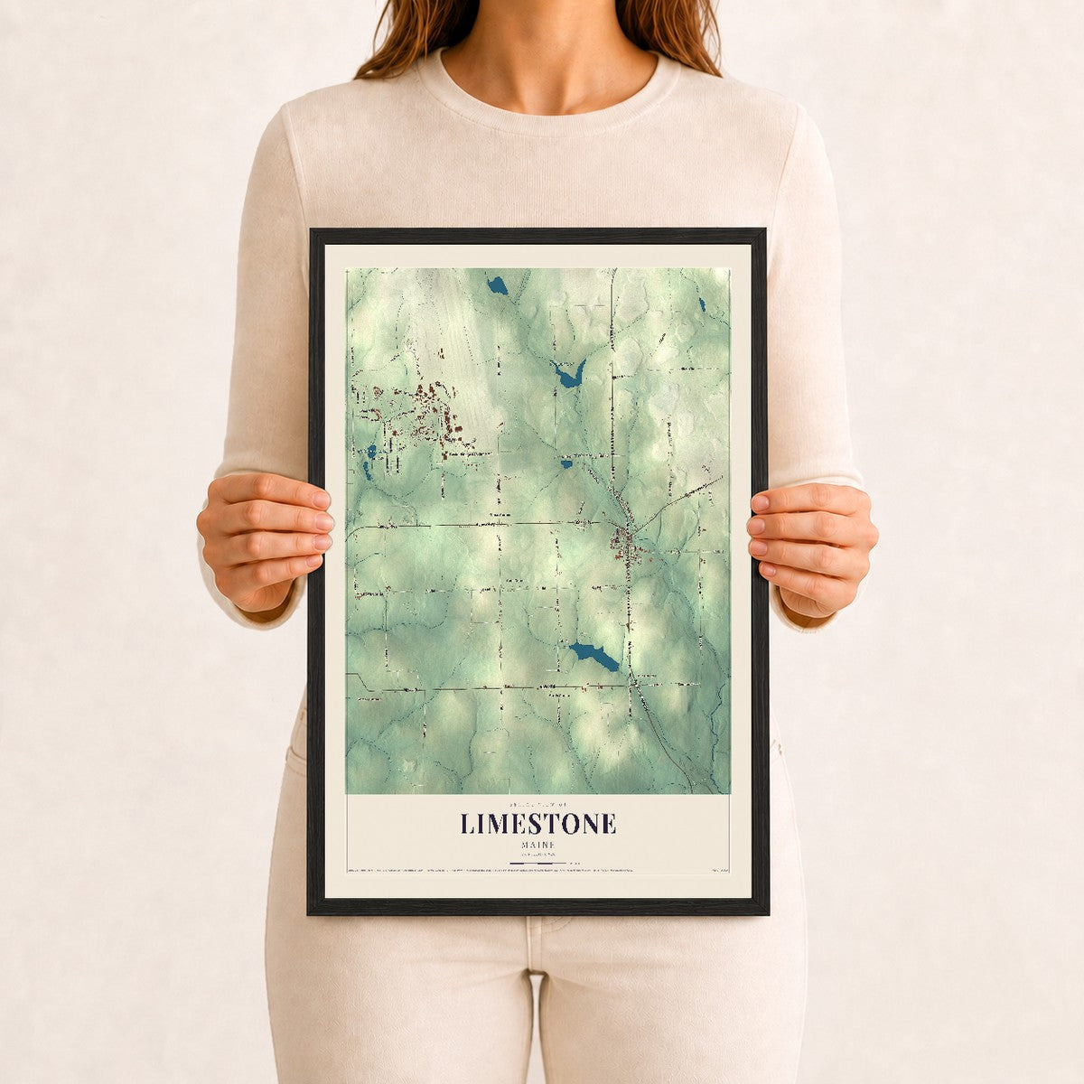 Limestone, Maine map print - 12 x 18 black Ayous wood frame