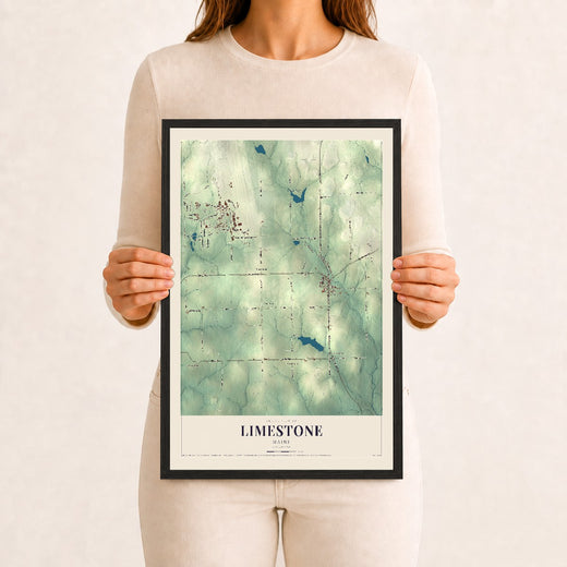 Map of Limestone, Maine, 12 x 18 inch print in a black wood frame