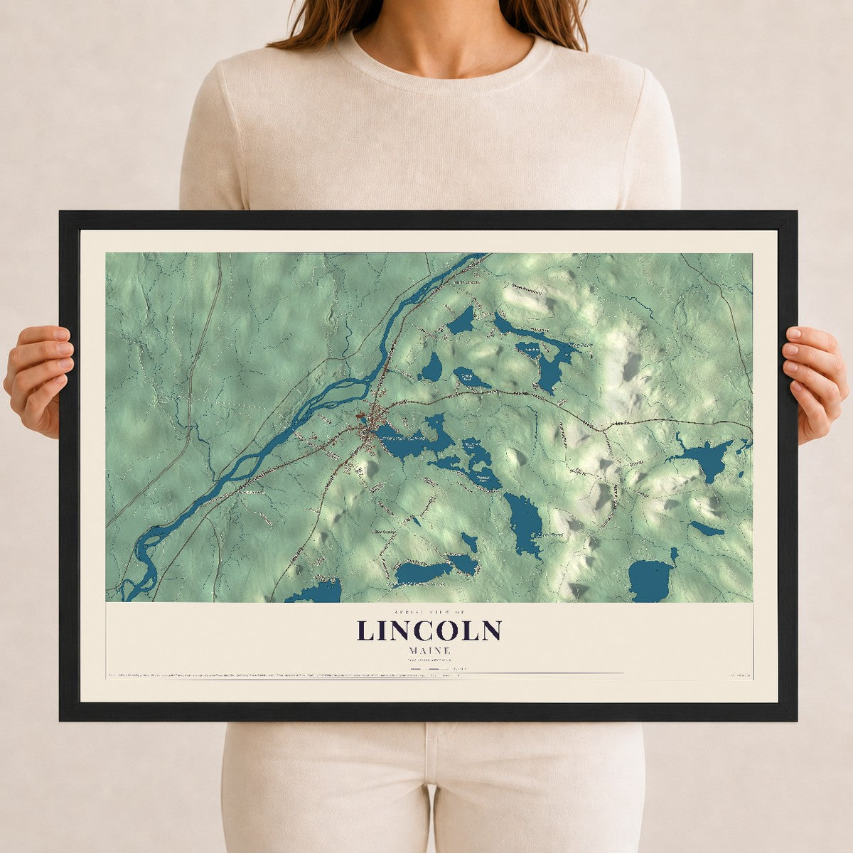 Lincoln, Maine map print - 12 x 18 black Ayous wood frame