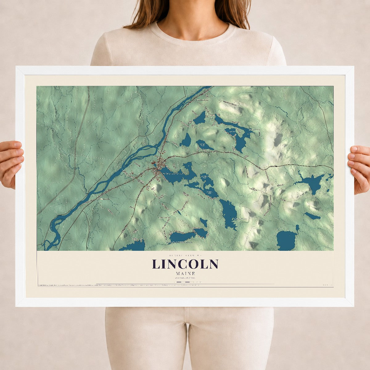 Lincoln, Maine map print - 18 x 24 white Ayous wood frame