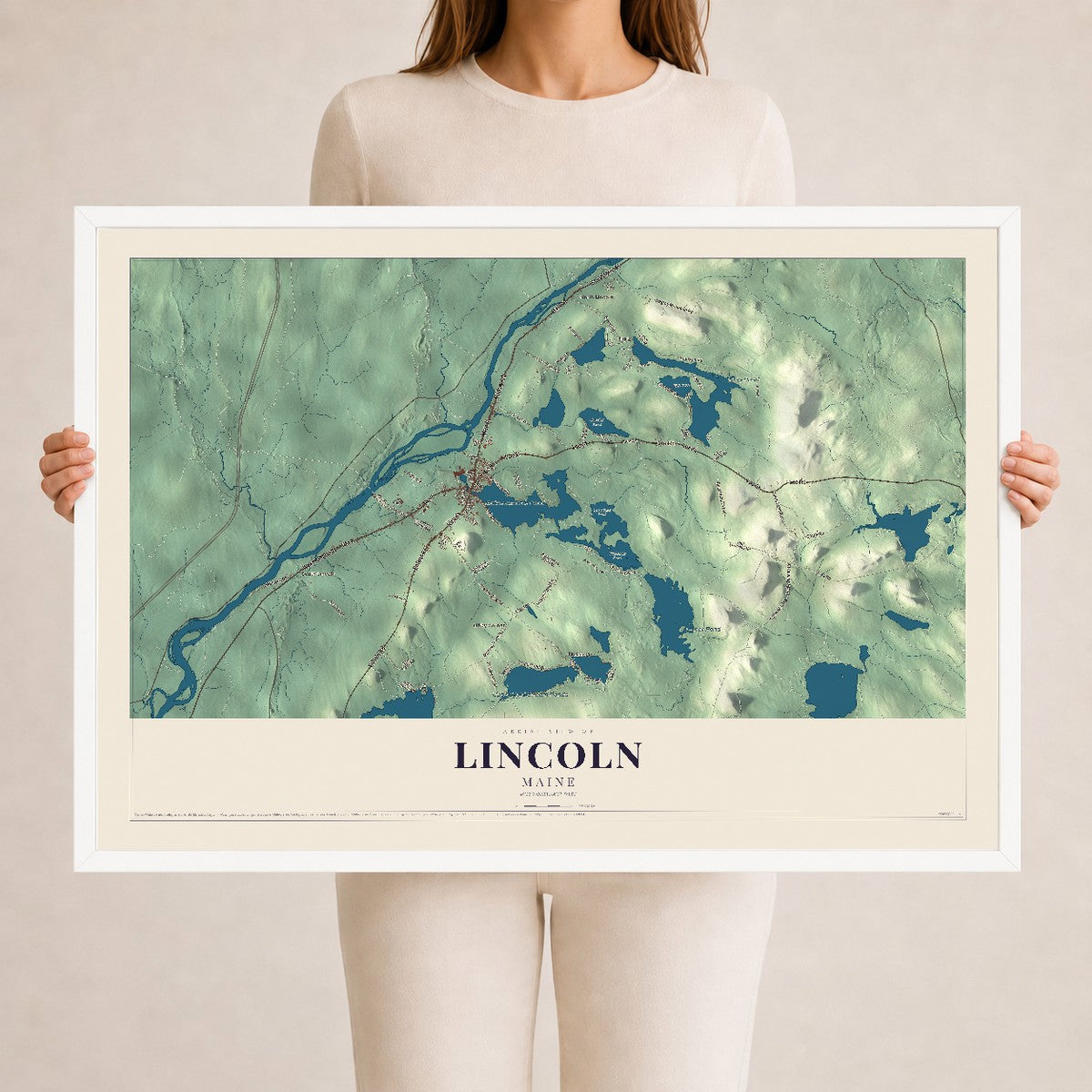 Lincoln, Maine map print - 24 x 36 white Ayous wood frame
