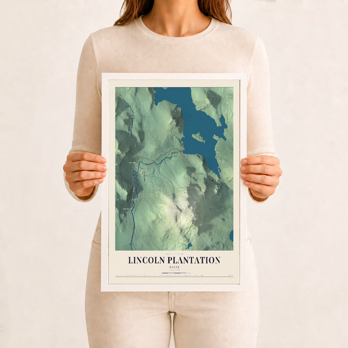 Lincoln Plantation, Maine map print - 12 x 18 white Ayous wood frame