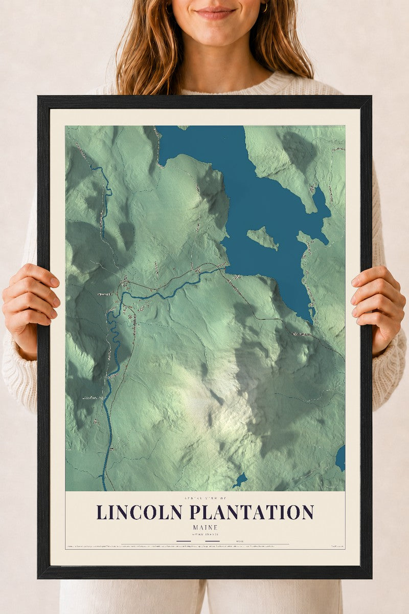 Lincoln Plantation, Maine map print - 18 x 24 black Ayous wood frame