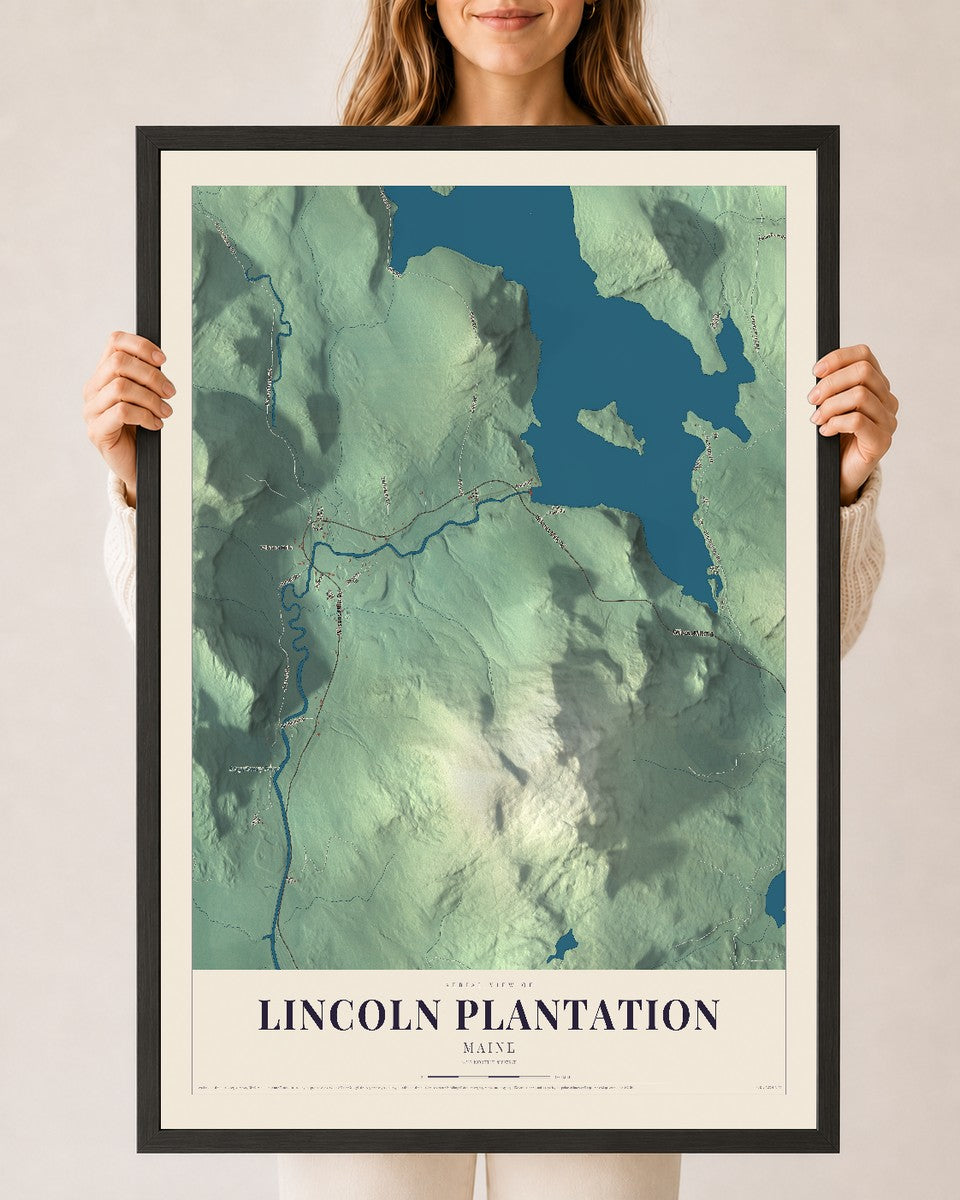 Lincoln Plantation, Maine map print - 24 x 36 black Ayous wood frame
