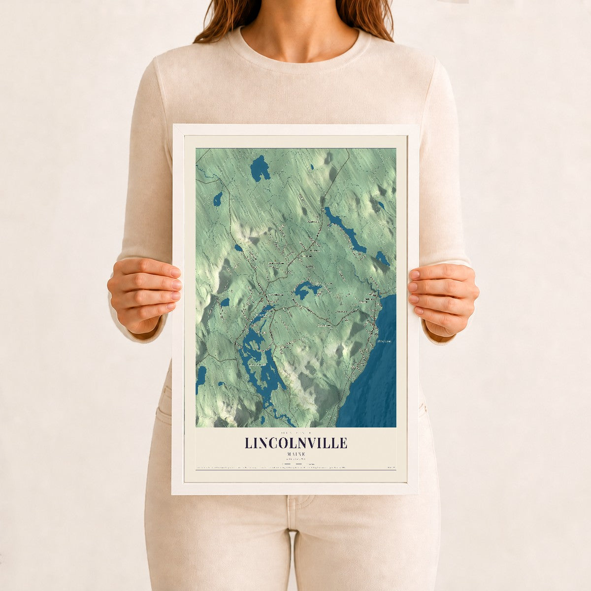 Lincolnville, Maine map print - 12 x 18 white Ayous wood frame