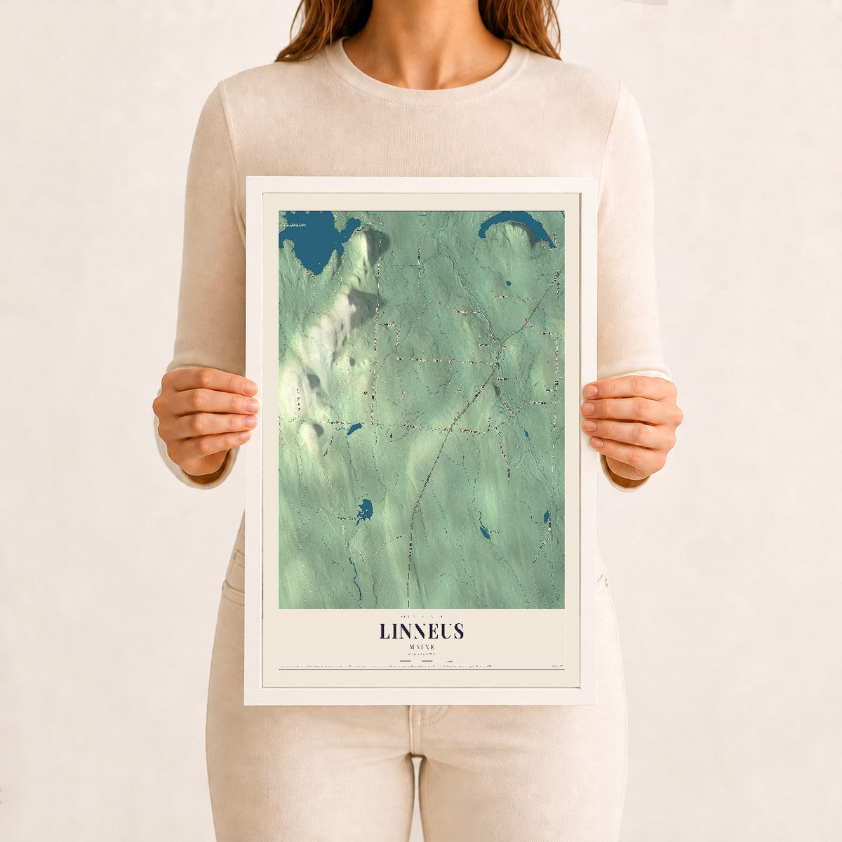 Linneus, Maine map print - 12 x 18 white Ayous wood frame