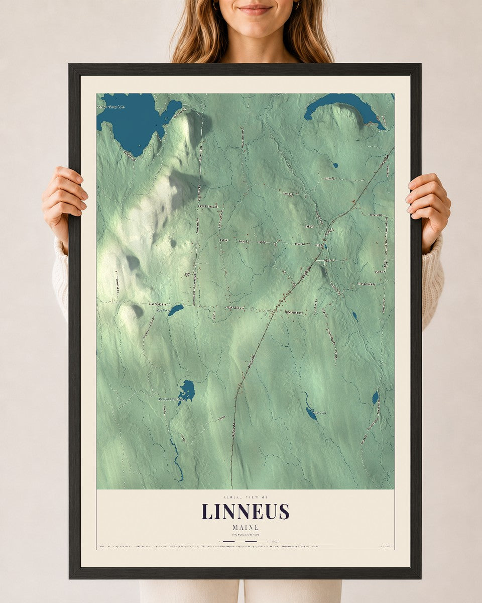 Linneus, Maine map print - 24 x 36 black Ayous wood frame