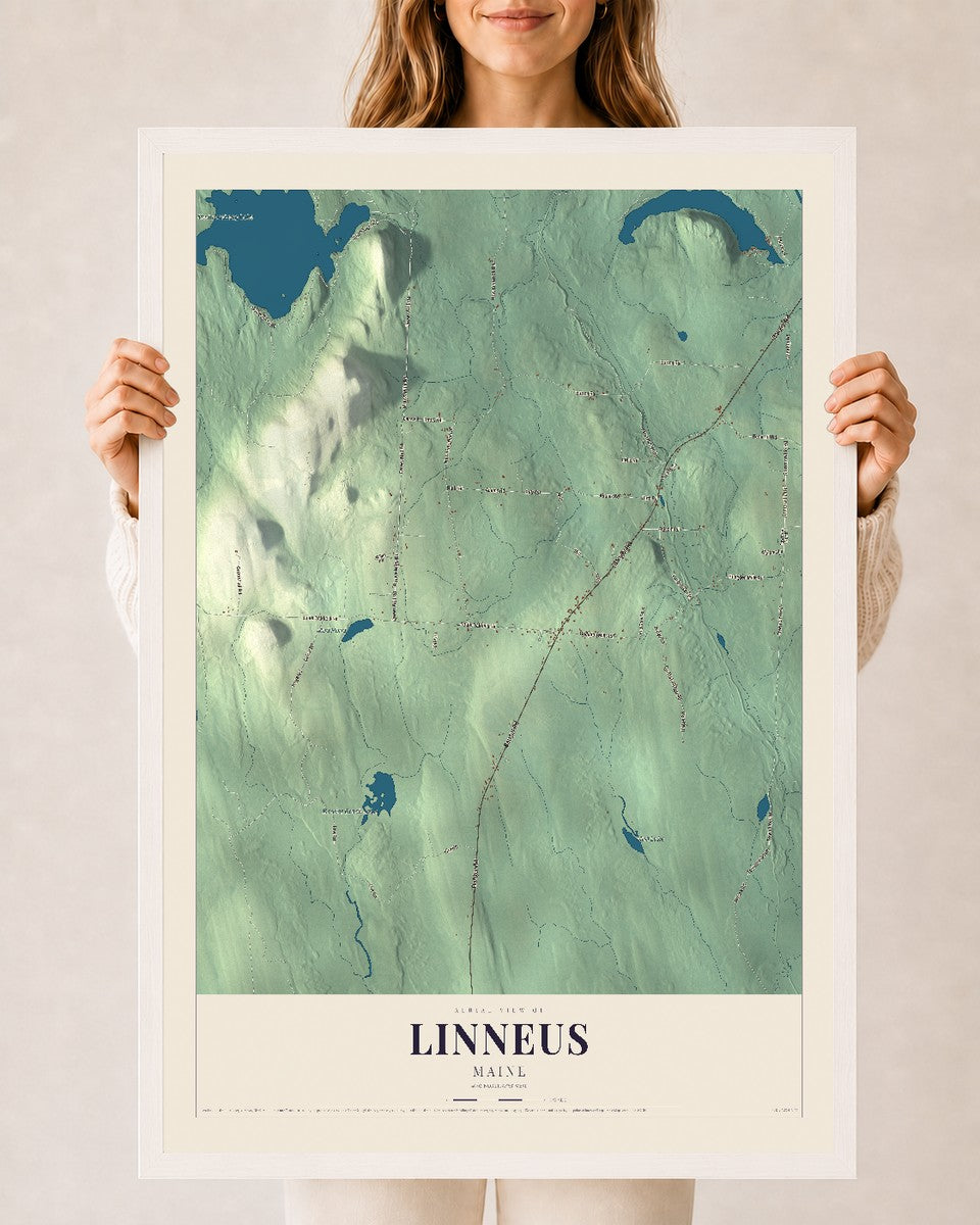 Linneus, Maine map print - 24 x 36 white Ayous wood frame