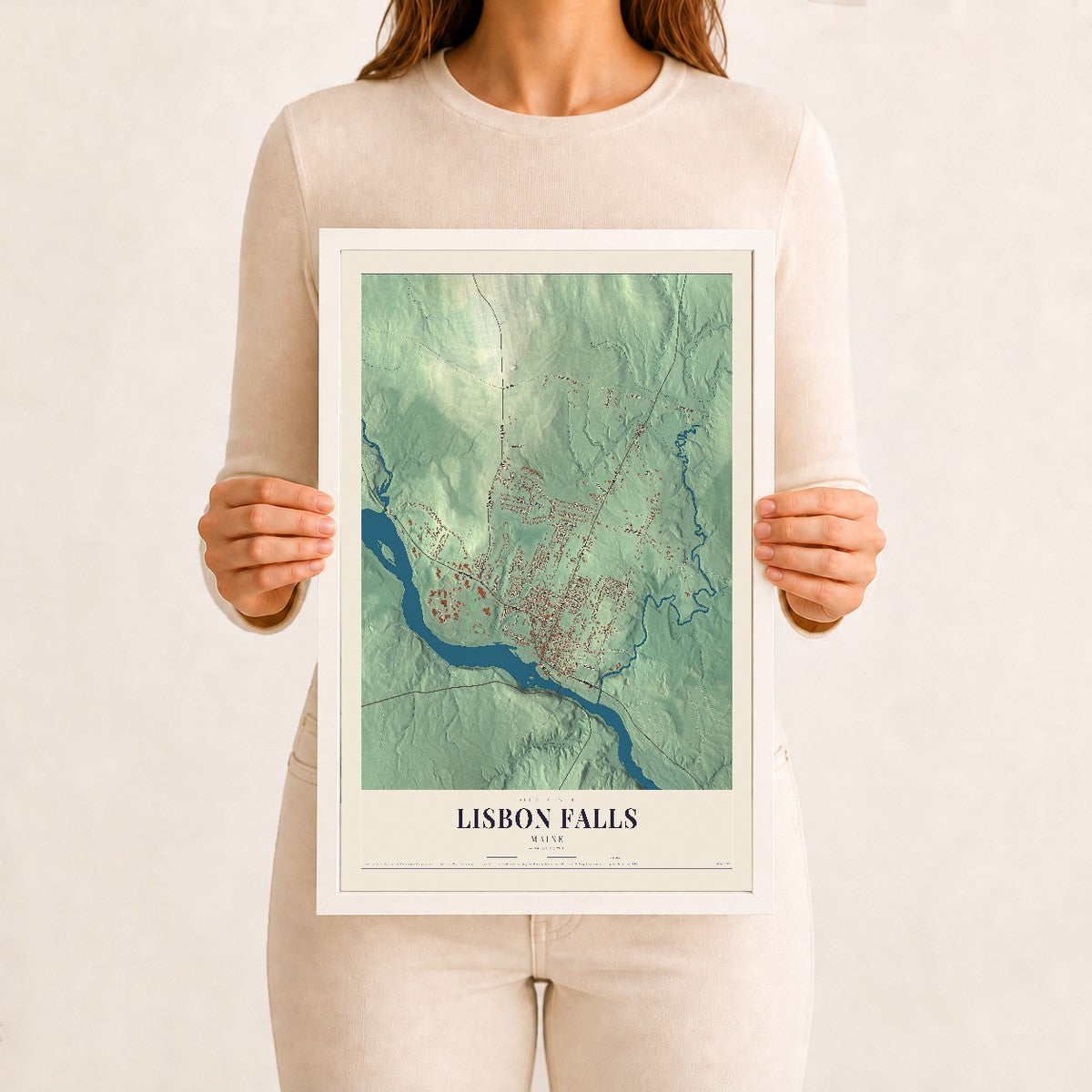 Lisbon Falls, Maine map print - 12 x 18 white Ayous wood frame
