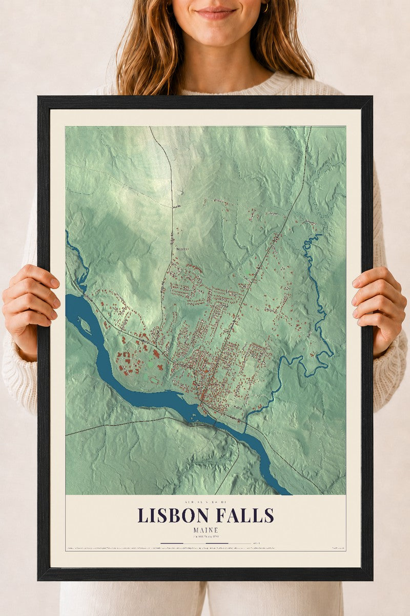 Lisbon Falls, Maine map print - 18 x 24 black Ayous wood frame