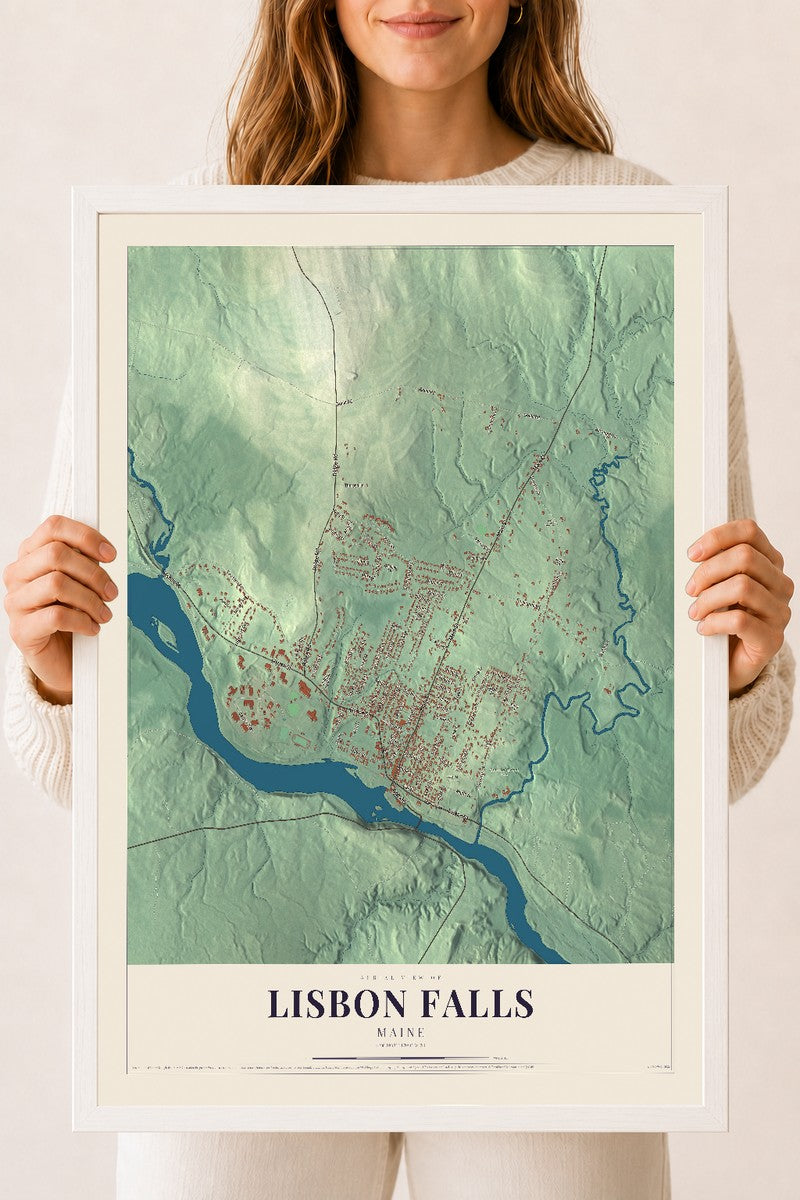 Lisbon Falls, Maine map print - 18 x 24 white Ayous wood frame