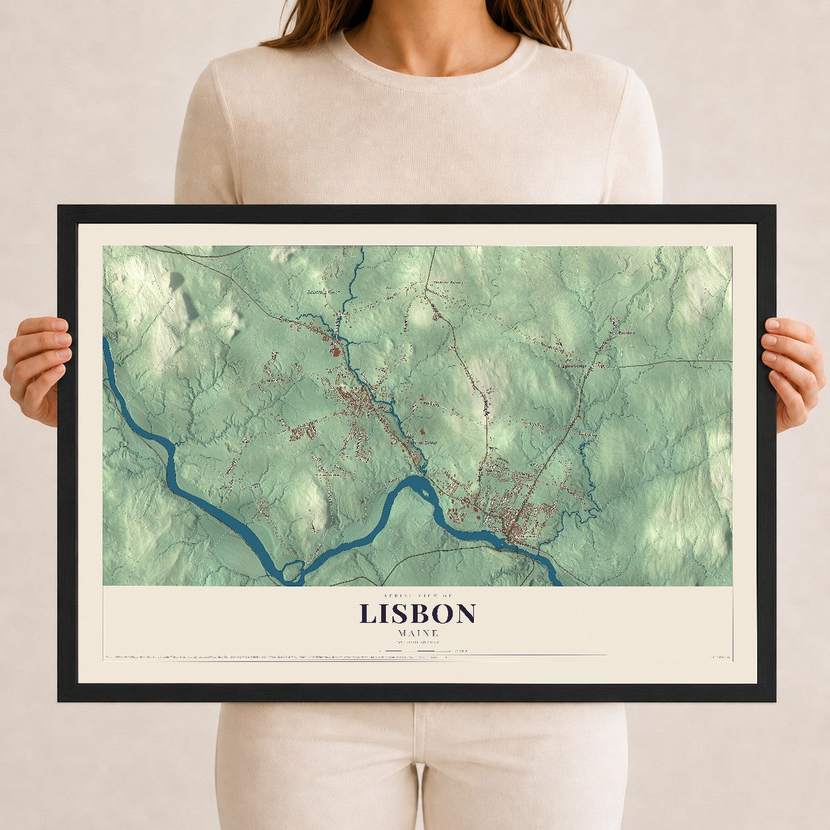 Lisbon, Maine map print - 12 x 18 black Ayous wood frame