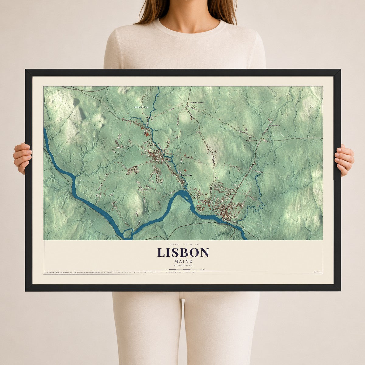 Lisbon, Maine map print - 24 x 36 black Ayous wood frame