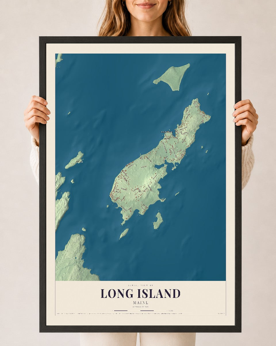 Long Island, Maine map print - 24 x 36 black Ayous wood frame
